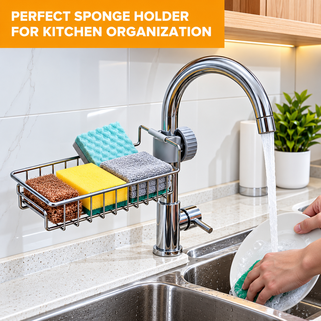 Stainless Steel Sink Sponge Caddy Organizer,Tap Organiser Clip Storage Rack Practical Home Kitchen Faucet Shelf Snap-on Faucet Rack Drain Rack with Towel Holder for Soap, Sponges Sink Sponge Holder Sink Sponge Holder