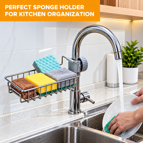 Stainless Steel Sink Sponge Caddy Organizer,Tap Organiser Clip Storage Rack Practical Home Kitchen Faucet Shelf Snap-on Faucet Rack Drain Rack with Towel Holder for Soap, Sponges Sink Sponge Holder Sink Sponge Holder