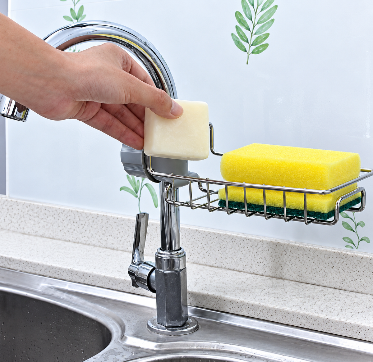 Stainless Steel Sink Sponge Caddy Organizer,Tap Organiser Clip Storage Rack Practical Home Kitchen Faucet Shelf Snap-on Faucet Rack Drain Rack with Towel Holder for Soap, Sponges Sink Sponge Holder Sink Sponge Holder