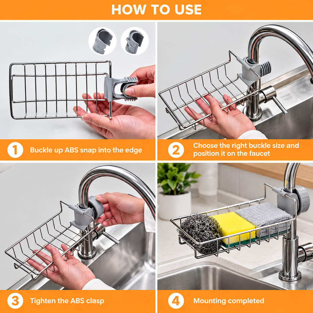 Stainless Steel Sink Sponge Caddy Organizer,Tap Organiser Clip Storage Rack Practical Home Kitchen Faucet Shelf Snap-on Faucet Rack Drain Rack with Towel Holder for Soap, Sponges Sink Sponge Holder Sink Sponge Holder